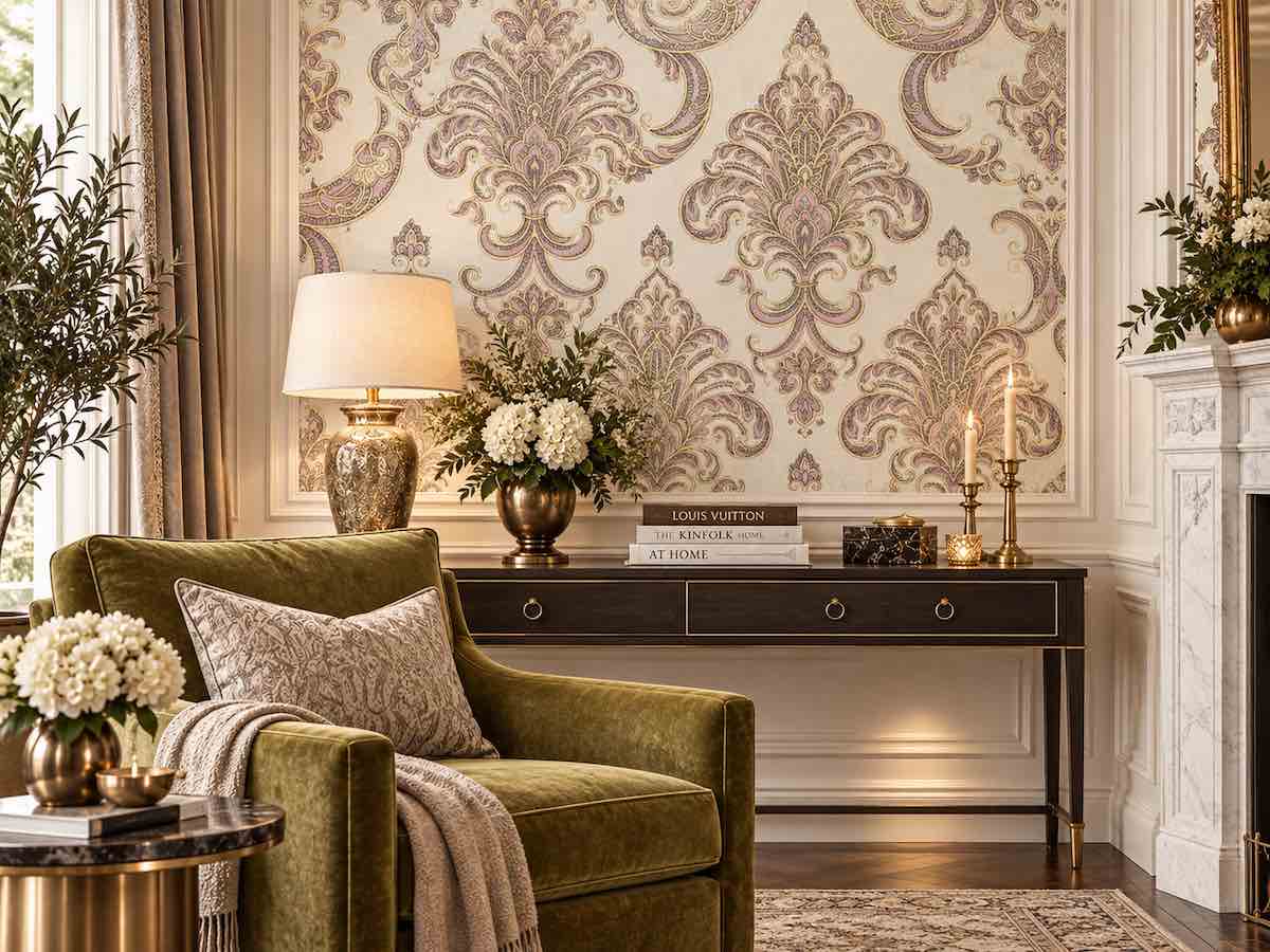 کاغذ دیواری کلاسیک کرم و طلایی
