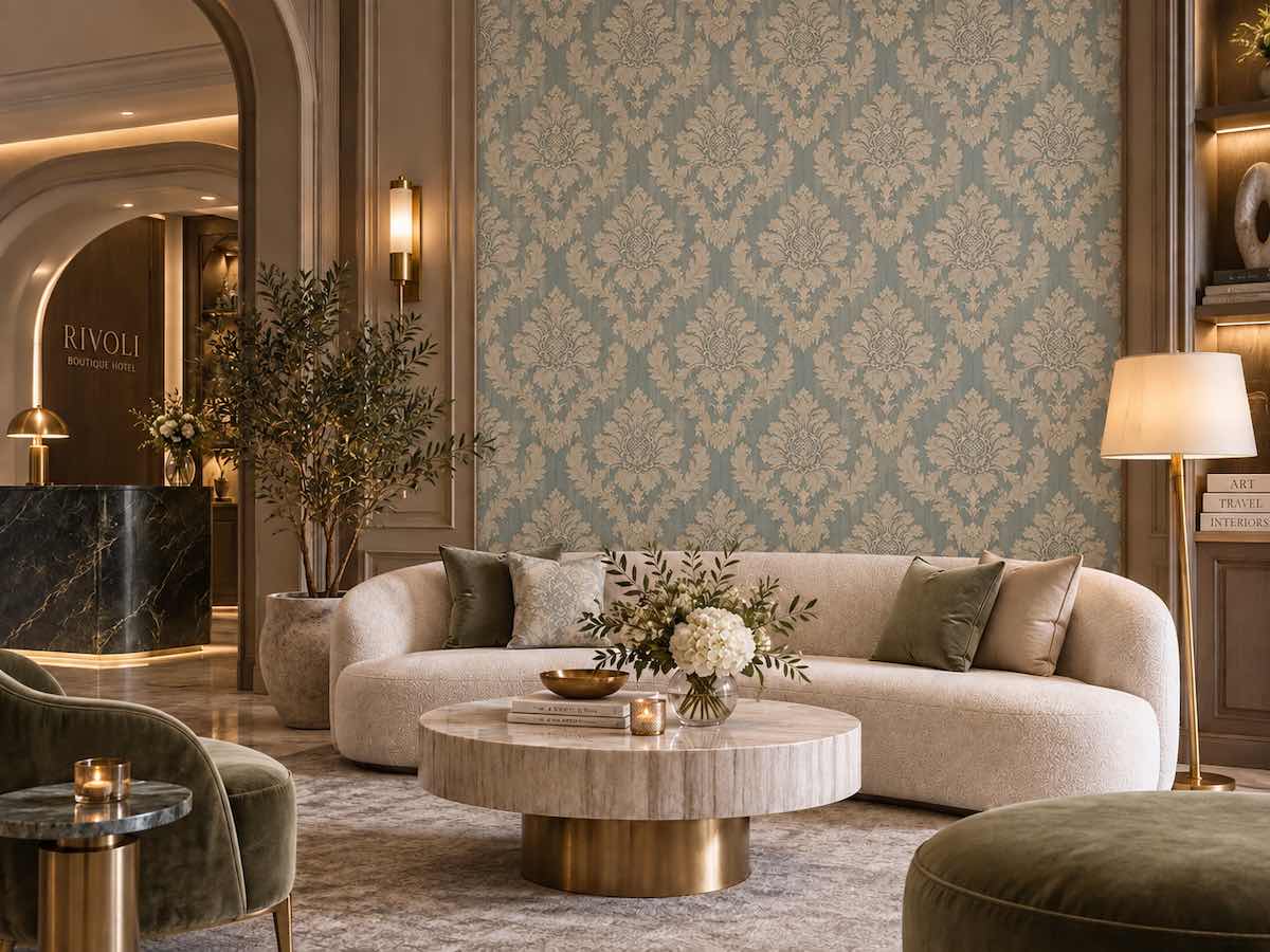 کاغذ دیواری داماسک سبز و بژ