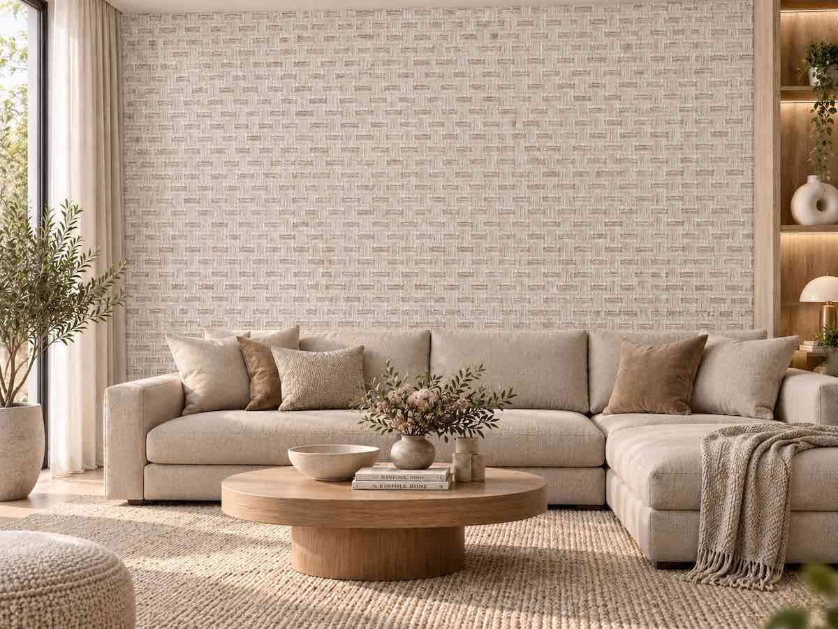 کاغذ دیواری بژ بافت پارچه‌ای